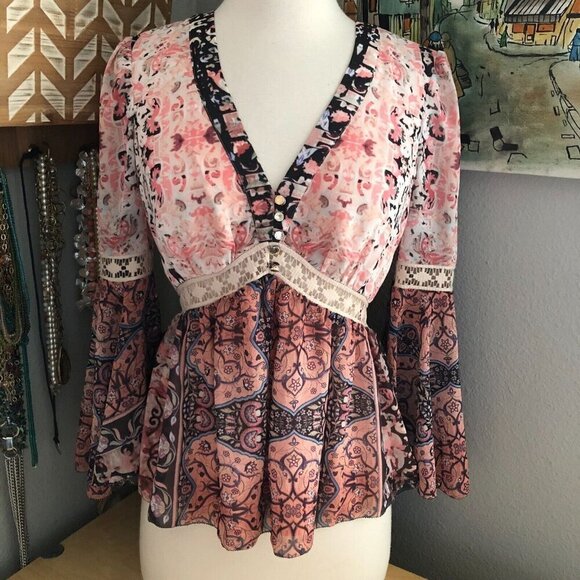 Y2K Vintage Bebe Silk Babydoll Empire Waist Bell Sleeve Blouse - Picture 2 of 15